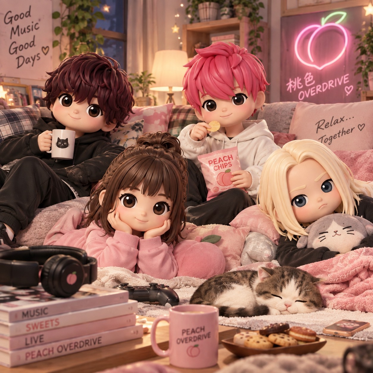 あたたかな灯りの部屋で、ソファやラグにくつろぐ桃色OVERDRIVEの4人と眠る猫